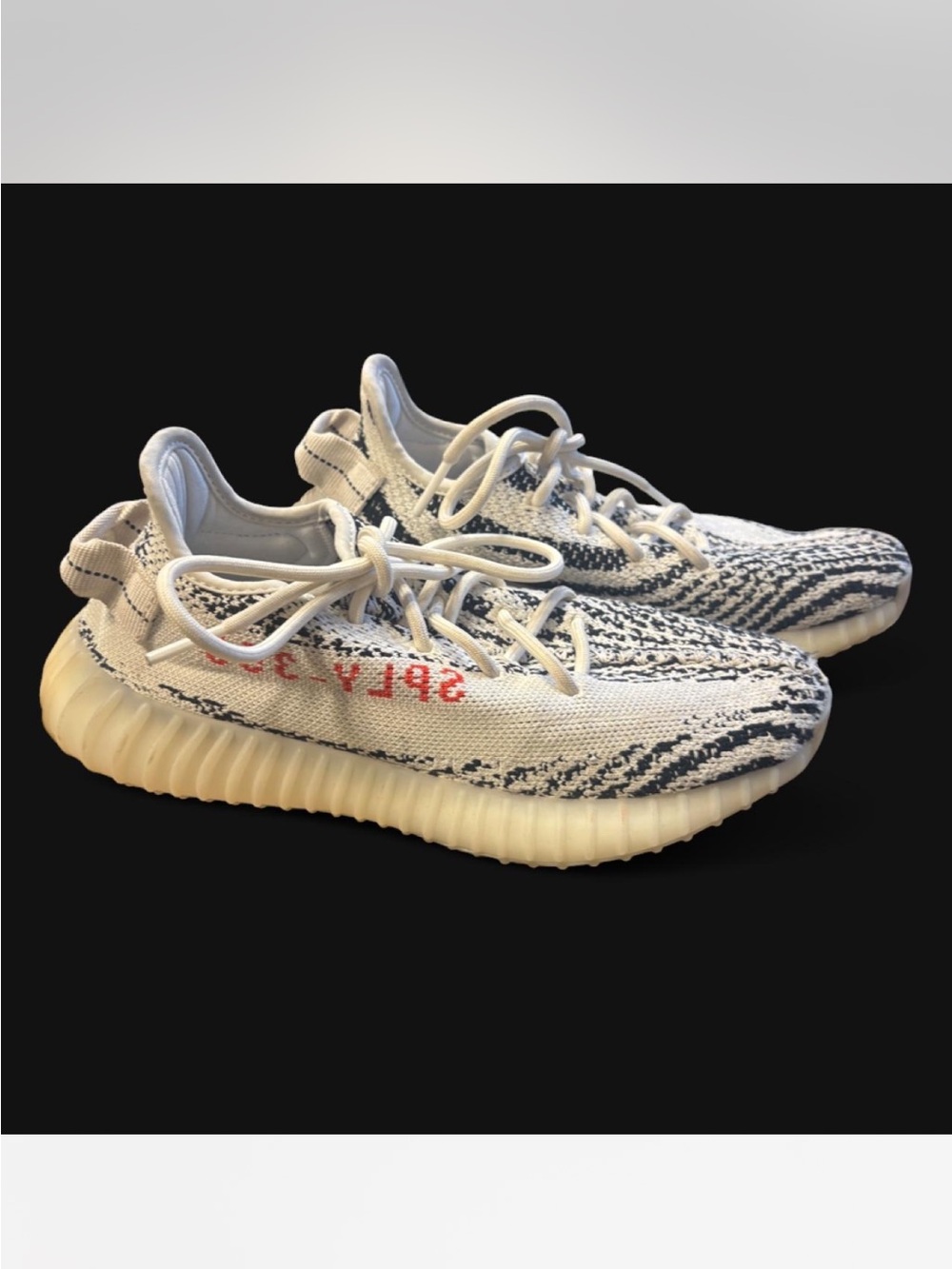 Yeezy Zebra Knit Sneakers with Red Script